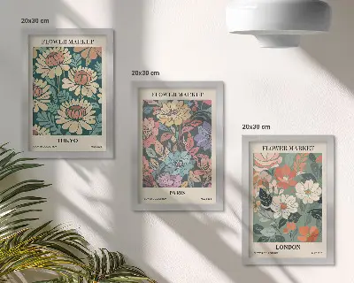 3-Piece wall art set featuring flower posters of Tokyo, Paris, and London