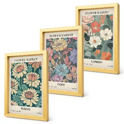 3-Piece wall art set featuring flower posters of Tokyo, Paris, and London