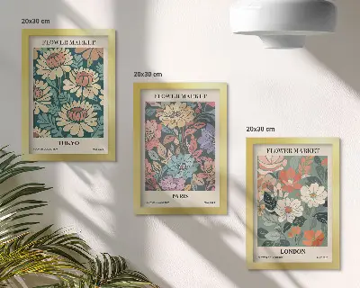 3-Piece wall art set featuring flower posters of Tokyo, Paris, and London