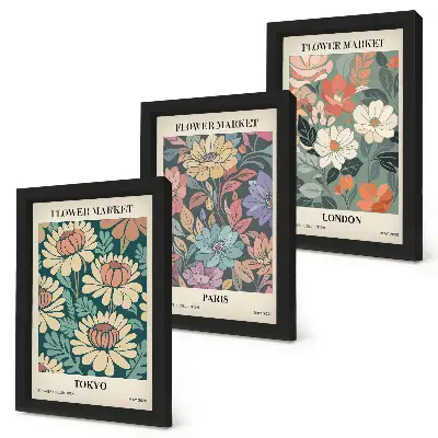 3-Piece wall art set featuring flower posters of Tokyo, Paris, and London