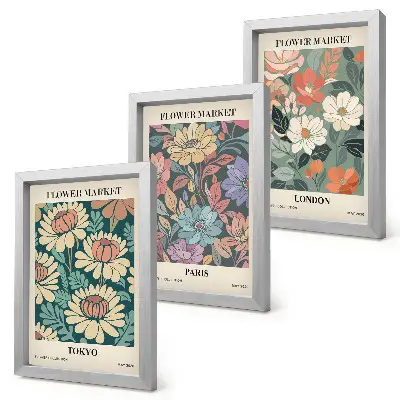 3-Piece wall art set featuring flower posters of Tokyo, Paris, and London