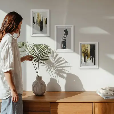 Photo frame wall gallery set with abstract painting patterns and two hands design
