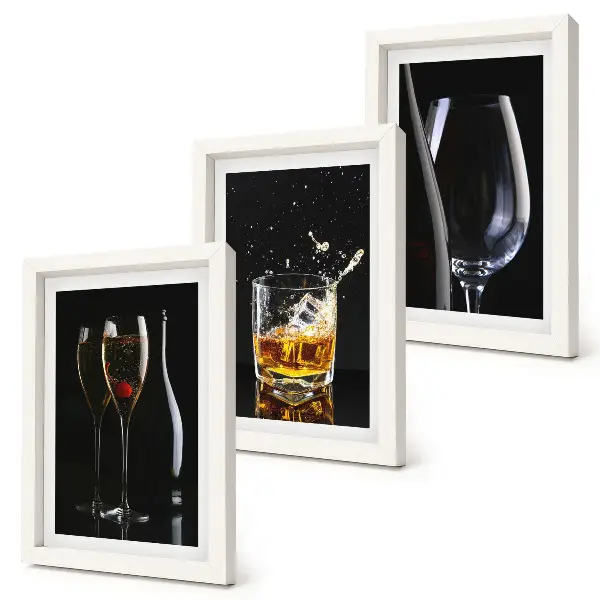 3-piece wall art set featuring glasses of wine and whiskey on a black background