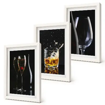 3-piece wall art set featuring glasses of wine and whiskey on a black background