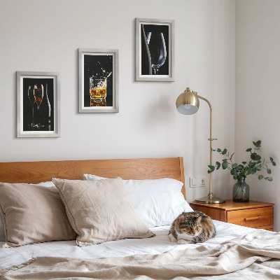 3-piece wall art set Glasses of wine and whiskey on a black background