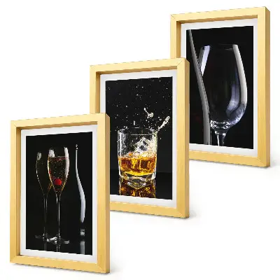 3-piece wall art set featuring glasses of wine and whiskey on a black background