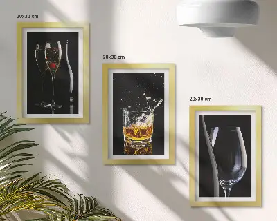 3-piece wall art set featuring glasses of wine and whiskey on a black background