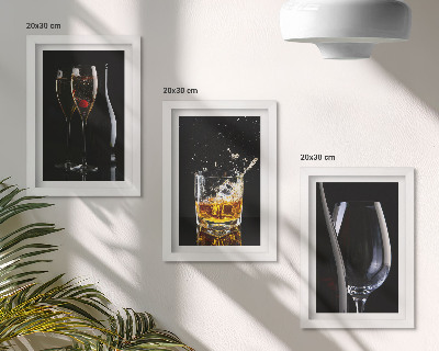 3-piece wall art set Glasses of wine and whiskey on a black background