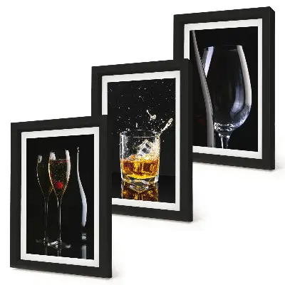 3-piece wall art set featuring glasses of wine and whiskey on a black background