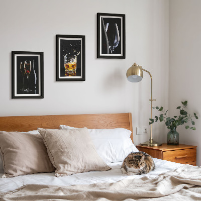 3-piece wall art set Glasses of wine and whiskey on a black background