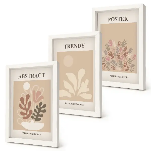 3-piece wall art set plant motifs in shades of beige and brown