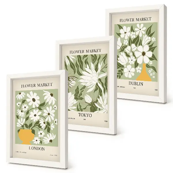 Photo frame wall with floral poster designs featuring London, Tokyo, and Dublin
