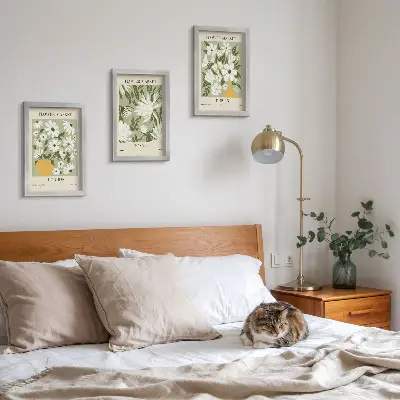 Photo frame wall with floral poster designs featuring London, Tokyo, and Dublin