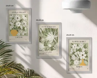 Photo frame wall with floral poster designs featuring London, Tokyo, and Dublin