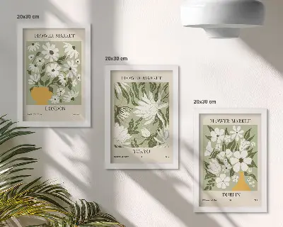 Photo frame wall with floral poster designs featuring London, Tokyo, and Dublin