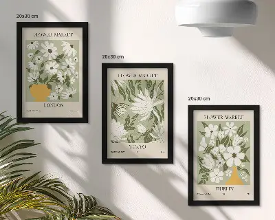 Photo frame wall with floral poster designs featuring London, Tokyo, and Dublin