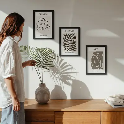Photo frame wall gallery stylish graphic art with geometric lines and figures in neutral colors