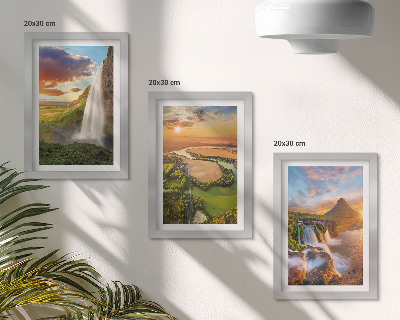 Framed triptych Waterfalls, mountain landscapes and rivers at sunset