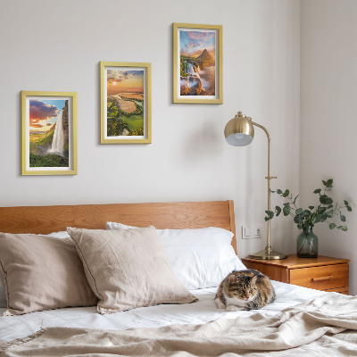 Framed triptych Waterfalls, mountain landscapes and rivers at sunset