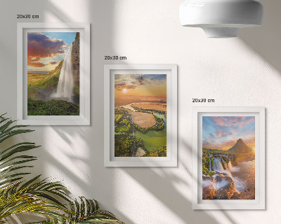 Framed triptych Waterfalls, mountain landscapes and rivers at sunset