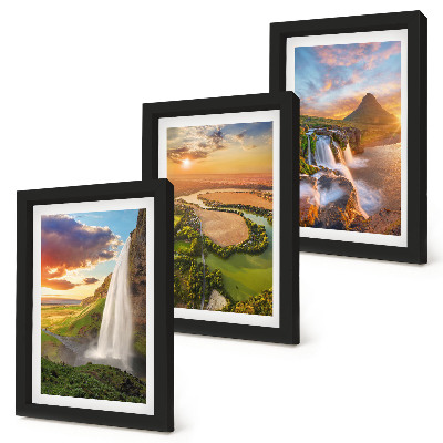 Framed triptych Waterfalls, mountain landscapes and rivers at sunset