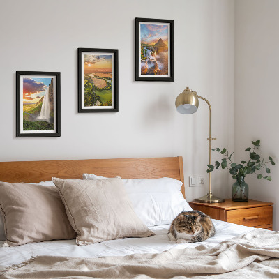 Framed triptych Waterfalls, mountain landscapes and rivers at sunset