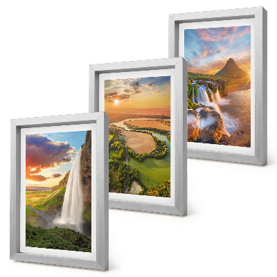 Framed triptych Waterfalls, mountain landscapes and rivers at sunset
