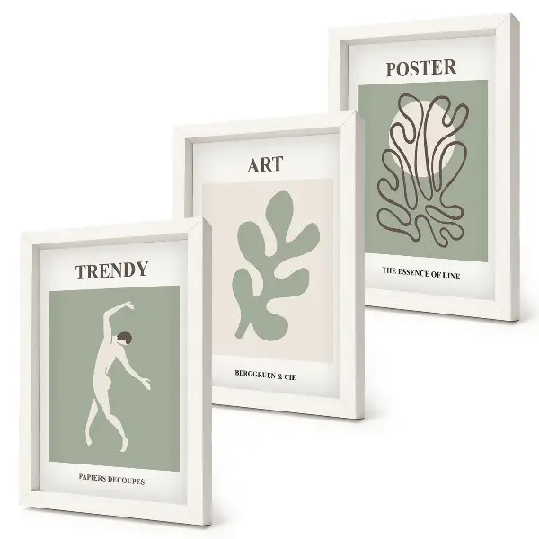 3-piece wall art set featuring abstract figures and plant motifs in subdued colors