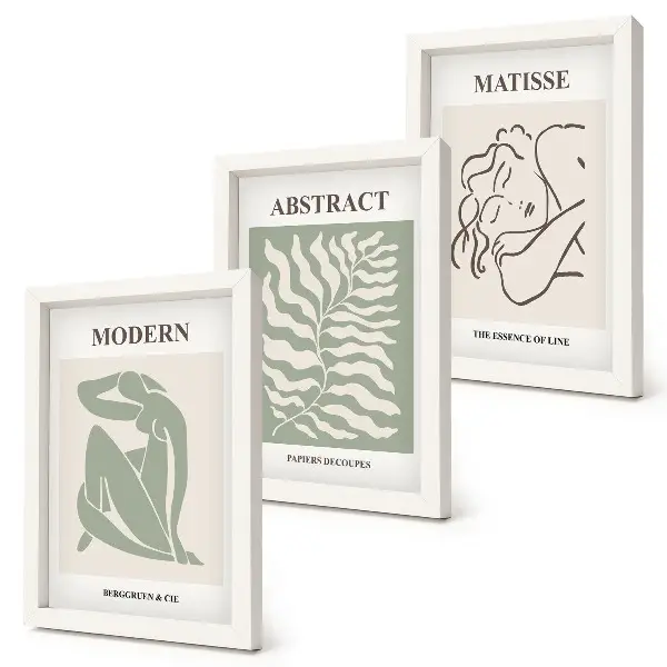 Photo frame wall with stylish green paintings featuring figures and leaves