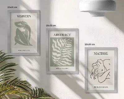 Photo frame wall with stylish green paintings featuring figures and leaves