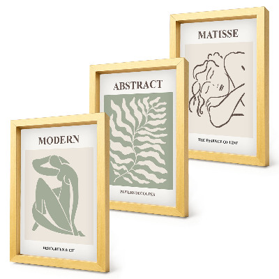 Photo frame wall Stylish paintings in shades of green with figures and leaves