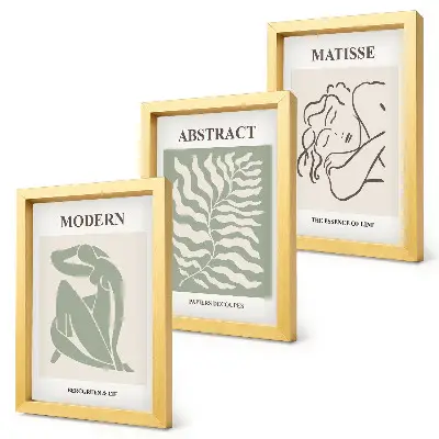 Photo frame wall with stylish green paintings featuring figures and leaves