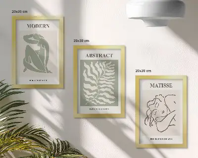 Photo frame wall with stylish green paintings featuring figures and leaves