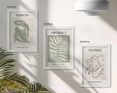 Photo frame wall with stylish green paintings featuring figures and leaves
