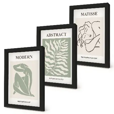 Photo frame wall with stylish green paintings featuring figures and leaves
