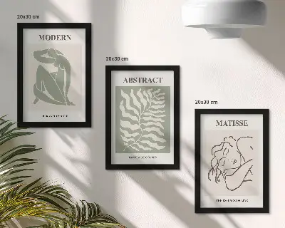 Photo frame wall with stylish green paintings featuring figures and leaves