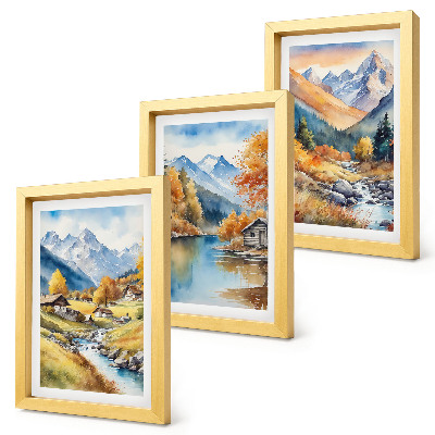 3-piece wall art set Painted autumn mountains with a river and cottages