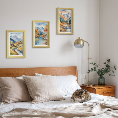 3-piece wall art set Painted autumn mountains with a river and cottages