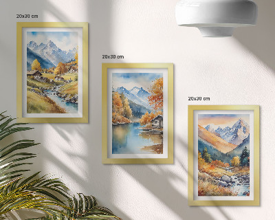 3-piece wall art set Painted autumn mountains with a river and cottages