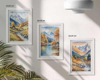 3-piece wall art set Painted autumn mountains with a river and cottages