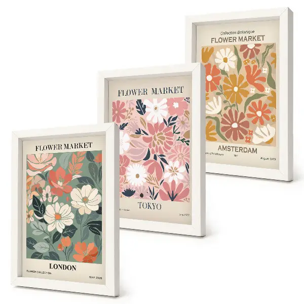 Photo frame wall with floral pattern posters of London, Tokyo, and Amsterdam