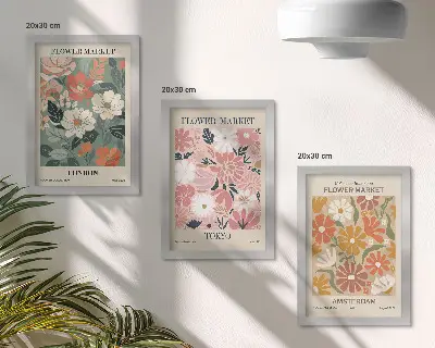 Photo frame wall with floral pattern posters of London, Tokyo, and Amsterdam