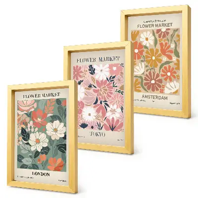Photo frame wall with floral pattern posters of London, Tokyo, and Amsterdam