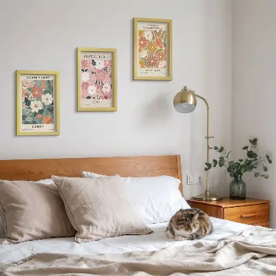Photo frame wall with floral pattern posters of London, Tokyo, and Amsterdam