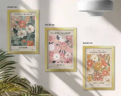Photo frame wall with floral pattern posters of London, Tokyo, and Amsterdam
