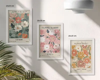 Photo frame wall with floral pattern posters of London, Tokyo, and Amsterdam