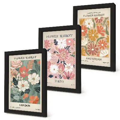 Photo frame wall with floral pattern posters of London, Tokyo, and Amsterdam
