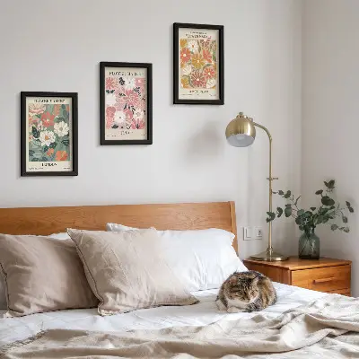 Photo frame wall with floral pattern posters of London, Tokyo, and Amsterdam