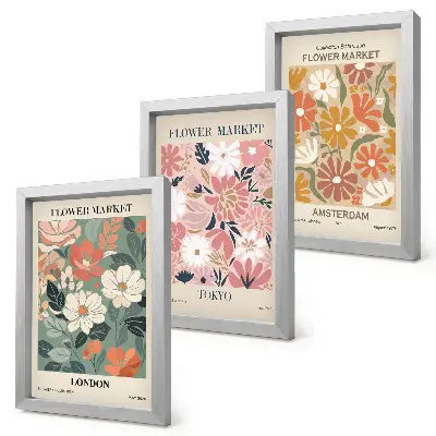 Photo frame wall with floral pattern posters of London, Tokyo, and Amsterdam
