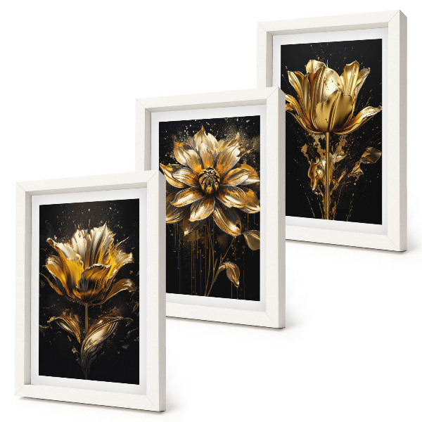 3-piece wall art set Flowers in shades of yellow on a dark background